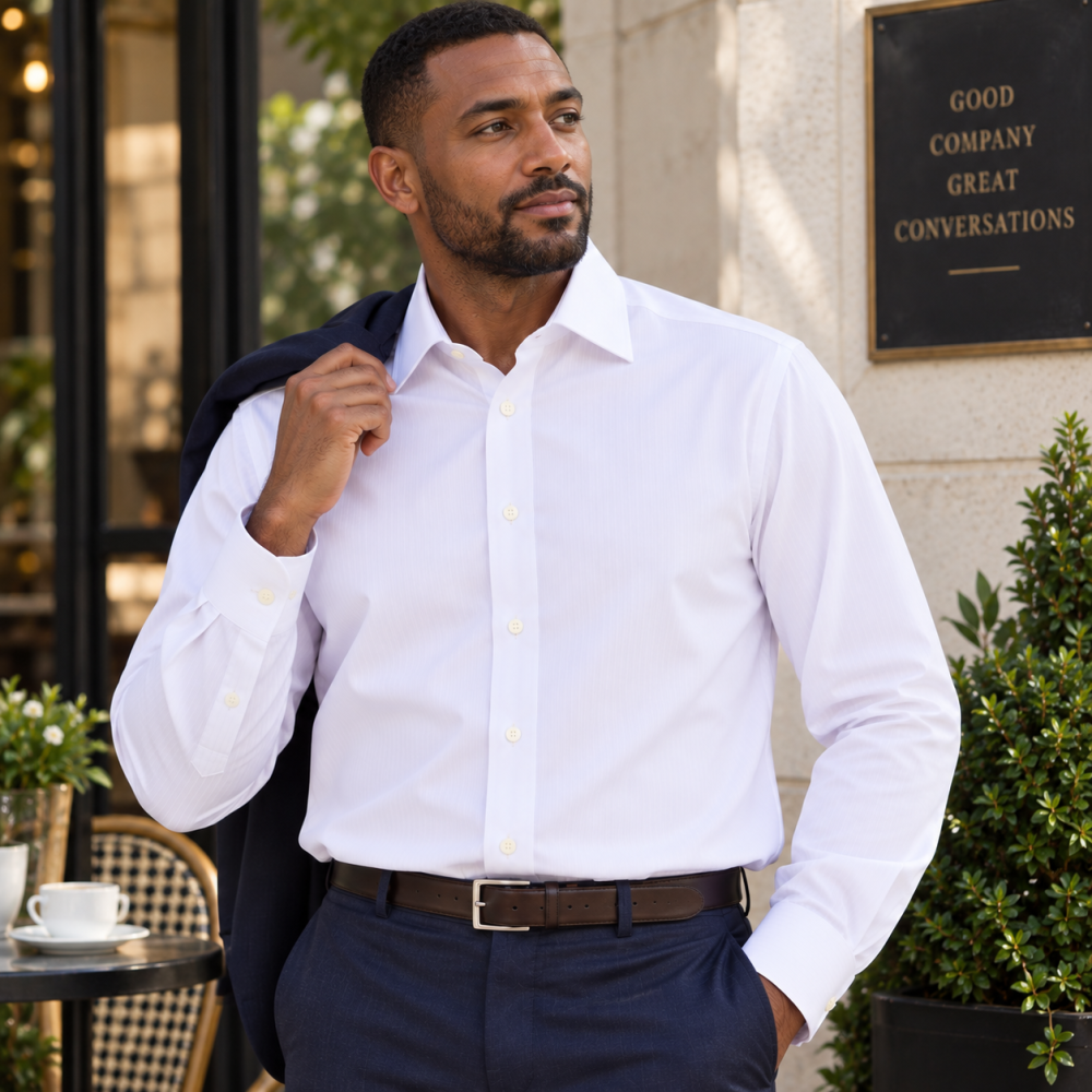 The Canterbury Self Stripe Mens White Shirt, Business Formal Dress Office Wedding, Single & Double Cuff Option. (Discontinued Style) - Image 1