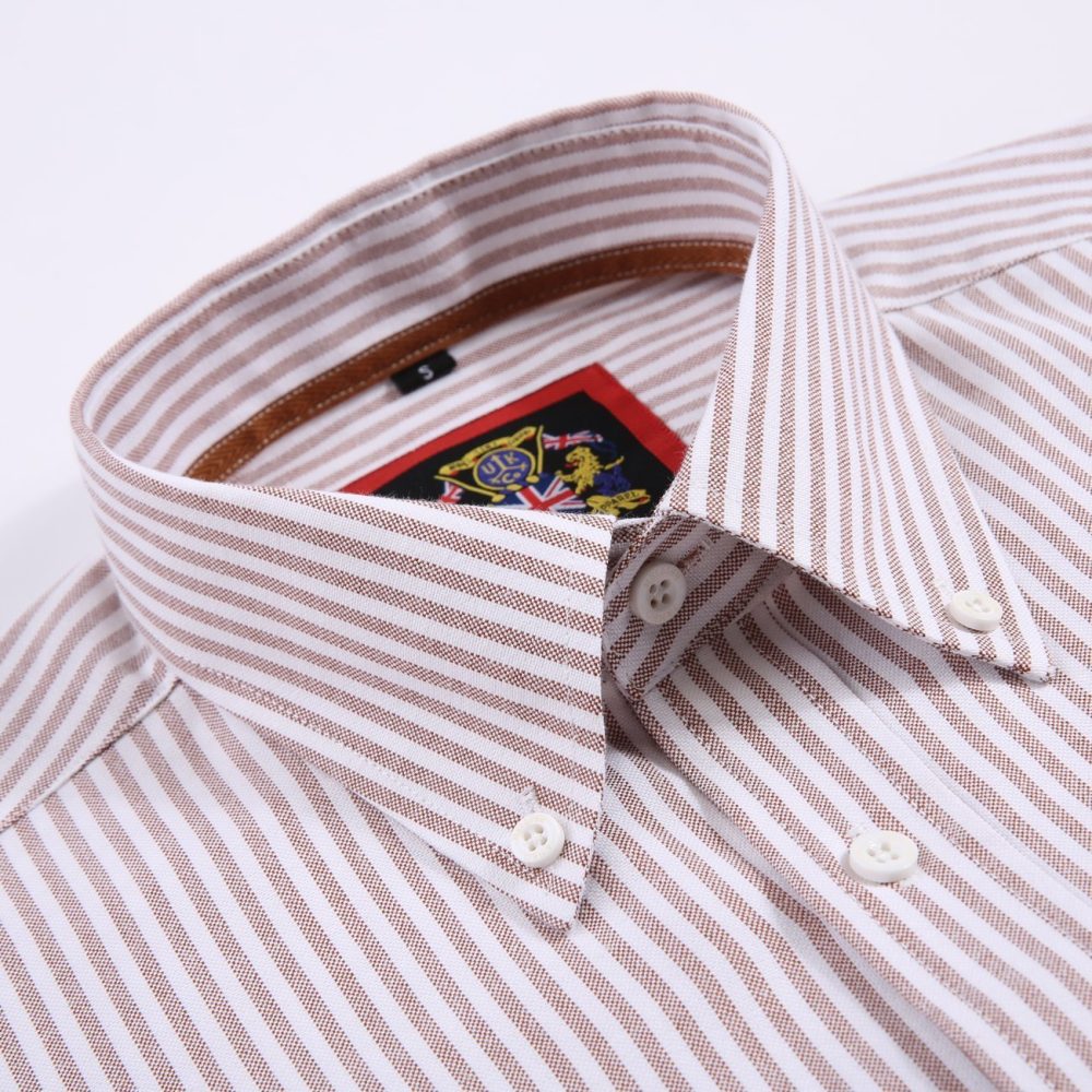Sand - Mens Long Sleeve Stripe Oxford Shirt. The Kensington Button Down Collar & Pocket. Authentic Oxford Fabric - Image 7