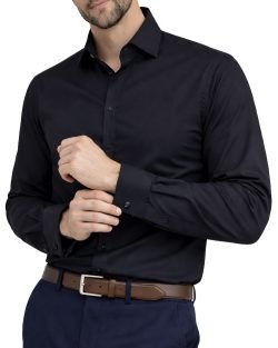 The London Plain Mens Shirt, Regular Fit, Classic Formal Dress Wear, Single & Double Cuff Option, Black