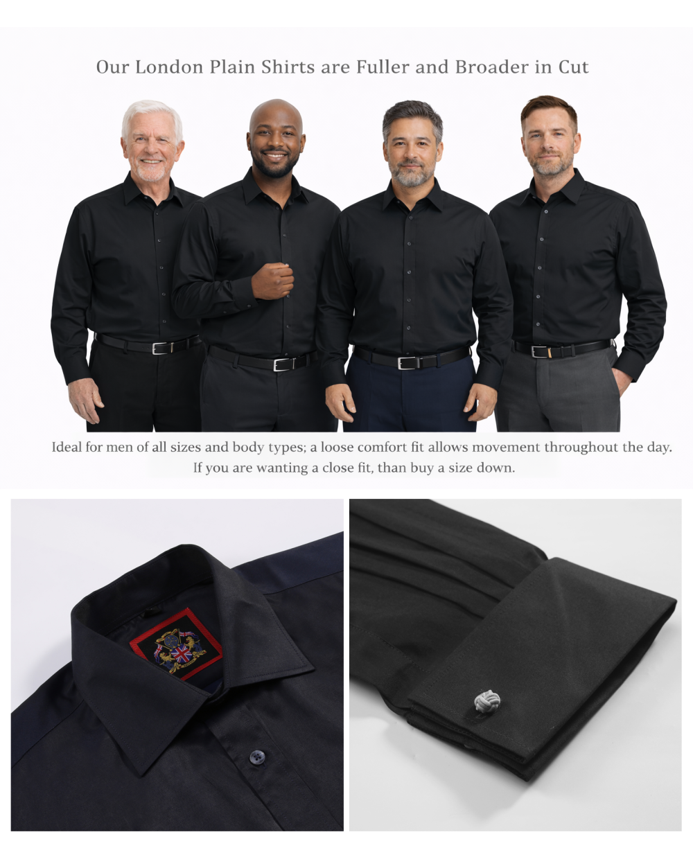 The London Plain Mens Shirt, Regular Fit, Classic Formal Dress Wear, Single & Double Cuff Option, Black - Image 6