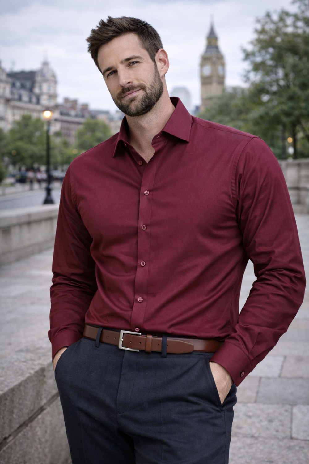 The London Plain Mens Shirt, Regular Fit, Classic Formal Dress Wear, Single & Double Cuff Option, Burgundy - Image 2