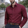 The London Plain Mens Shirt, Regular Fit, Classic Formal Dress Wear, Single & Double Cuff Option, Burgundy - Thumbnail Image 2