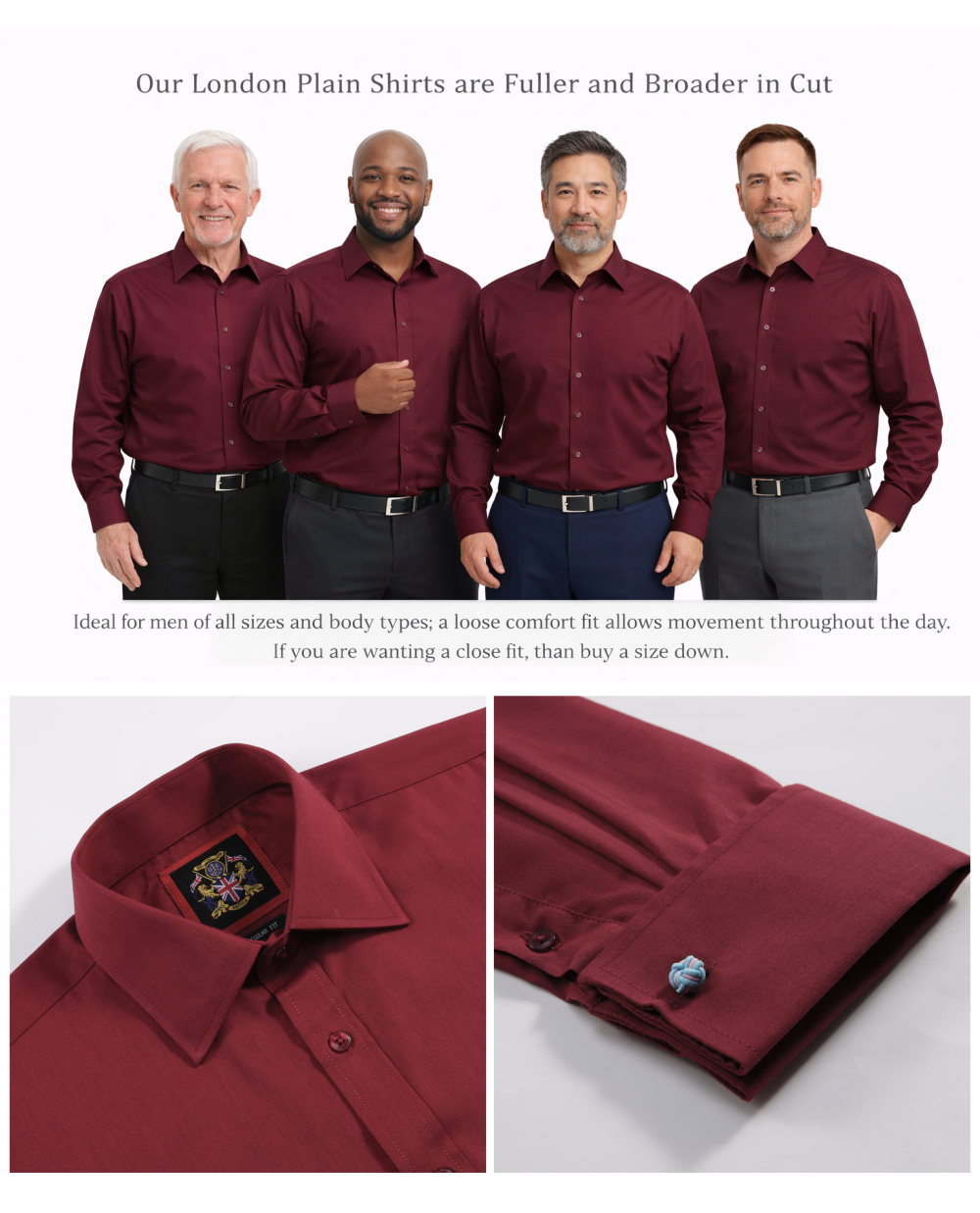 The London Plain Mens Shirt, Regular Fit, Classic Formal Dress Wear, Single & Double Cuff Option, Burgundy - Image 4