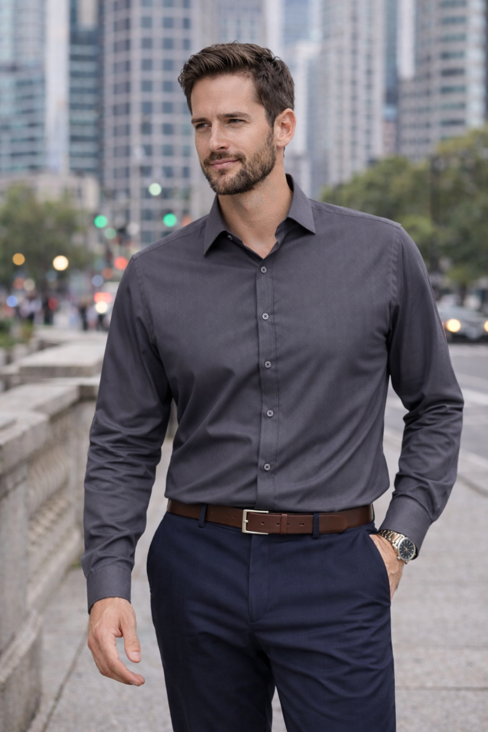 The London Plain Mens Shirt, Regular Fit, Classic Formal Dress Wear, Single & Double Cuff Option, Grey - Image 2