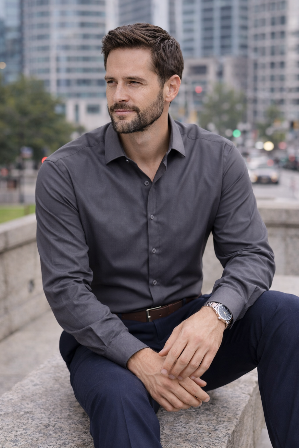 The London Plain Mens Shirt, Regular Fit, Classic Formal Dress Wear, Single & Double Cuff Option, Grey - Image 3