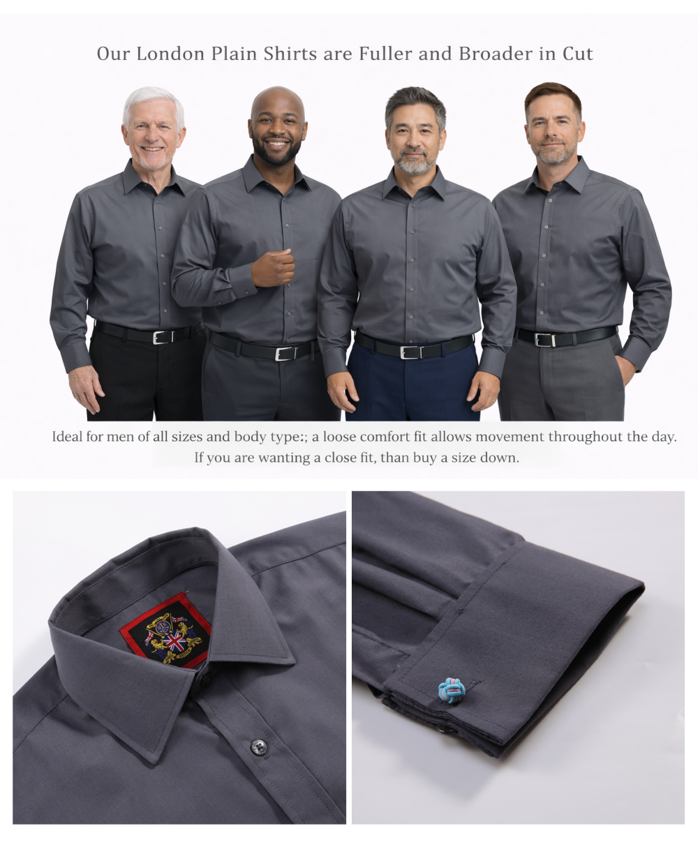 The London Plain Mens Shirt, Regular Fit, Classic Formal Dress Wear, Single & Double Cuff Option, Grey - Image 4