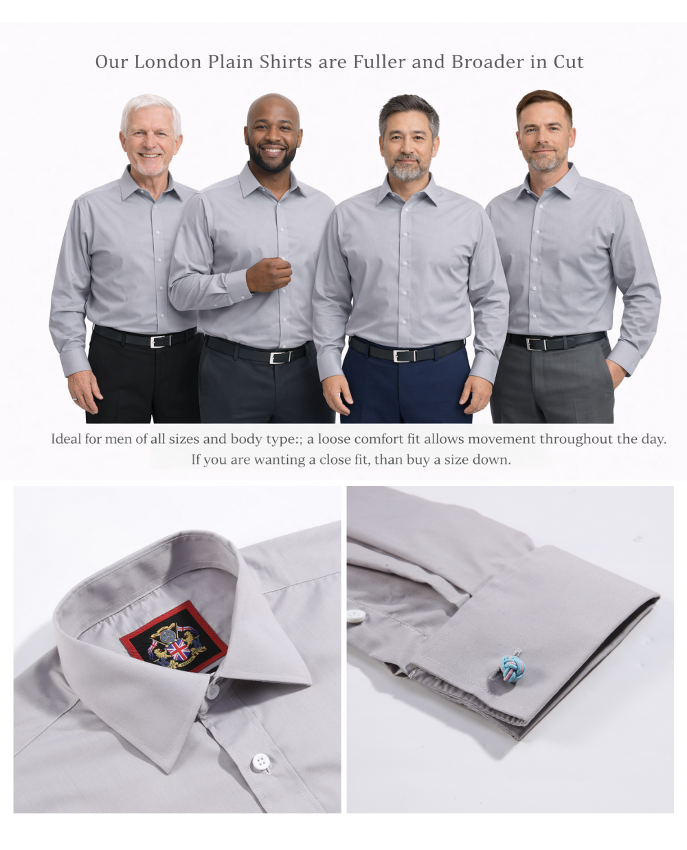 The London Plain Mens Shirt, Regular Fit, Classic Formal Dress Wear, Single & Double Cuff Option, Light Grey - Image 5