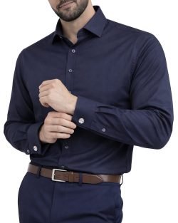 The London Plain Mens Shirt, Regular Fit, Classic Formal Dress Wear, Single & Double Cuff Option, Navy Blue