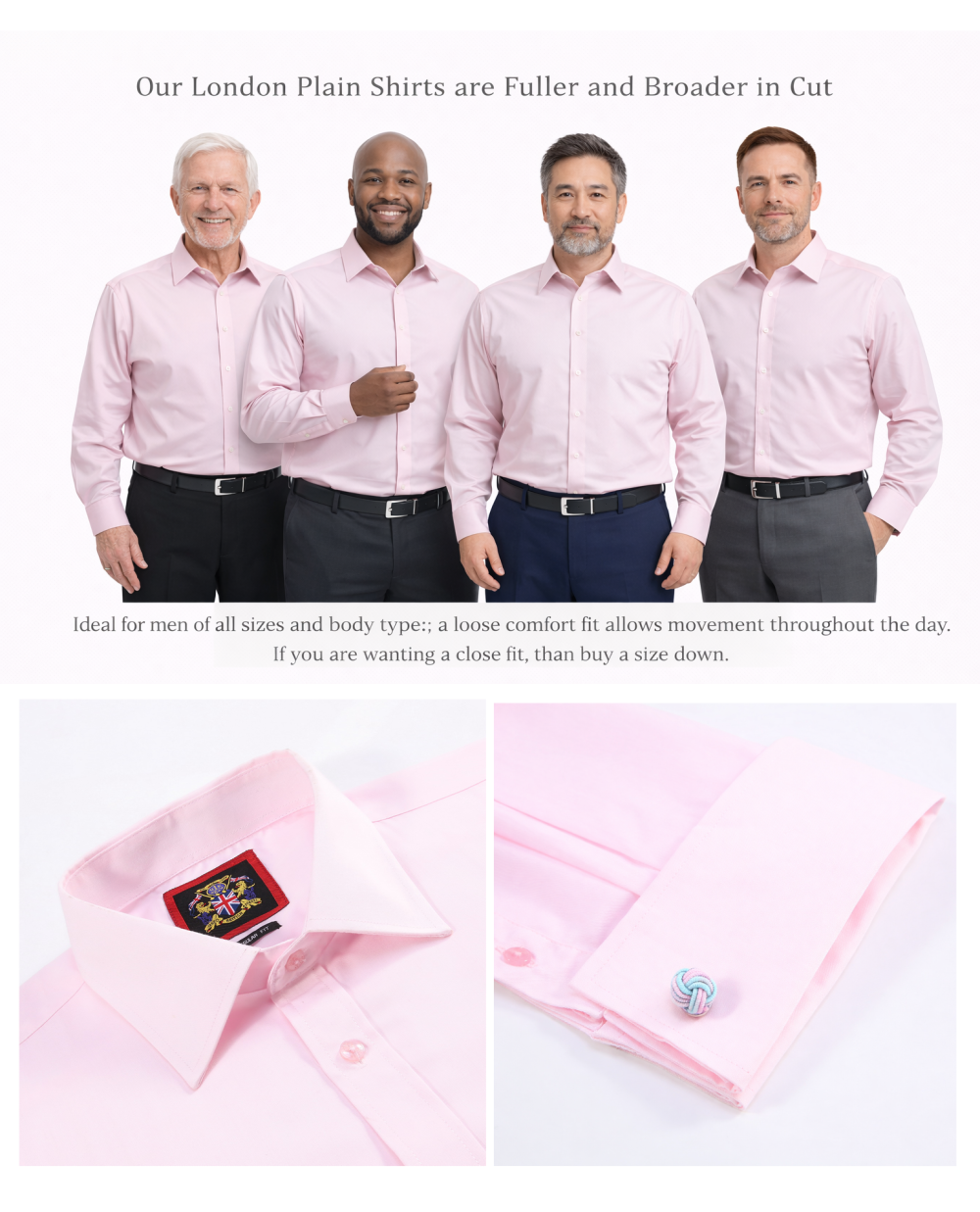 The London Plain Mens Shirt, Regular Fit, Classic Formal Dress Wear, Single & Double Cuff Option, Pink - Image 4