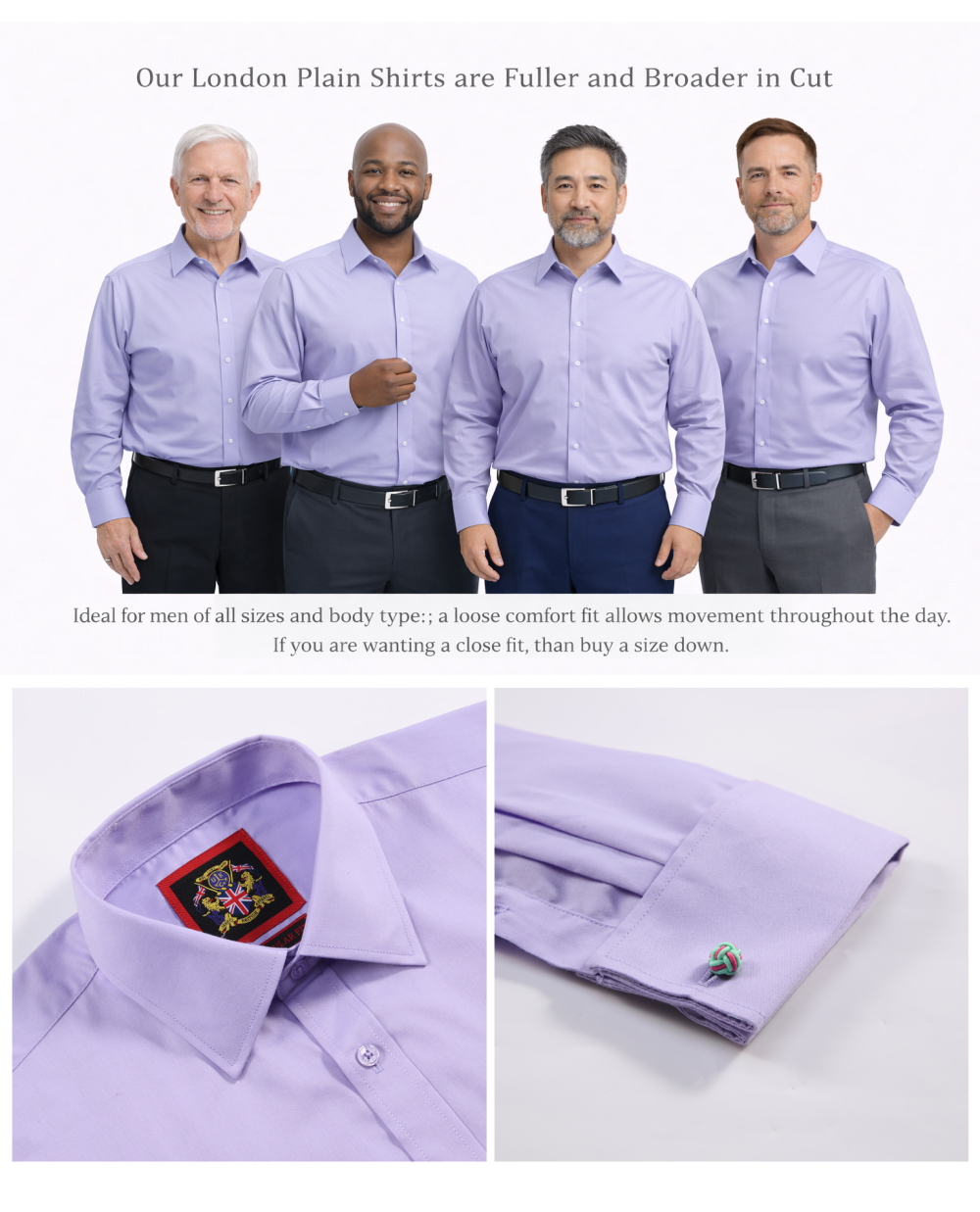 The London Plain Mens Shirt, Regular Fit, Classic Formal Dress Wear, Single & Double Cuff Option, Vibrant Lavender - Image 4