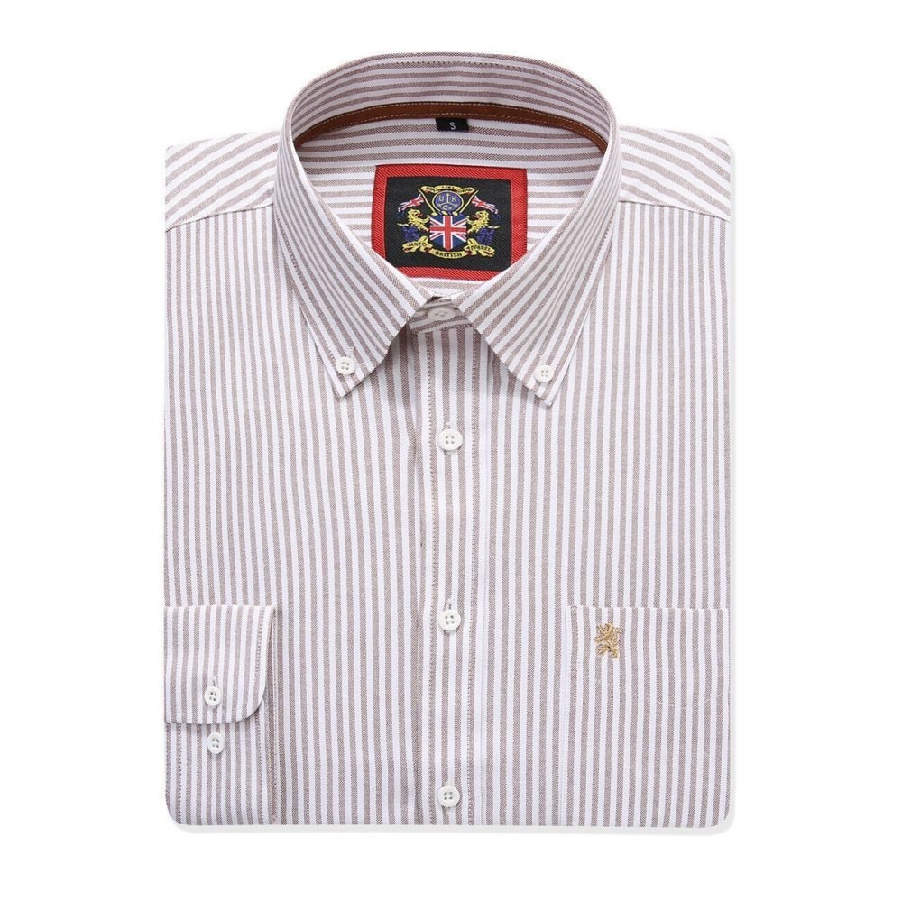 Sand - Mens Long Sleeve Stripe Oxford Shirt. The Kensington Button Down Collar & Pocket. Authentic Oxford Fabric - Image 6