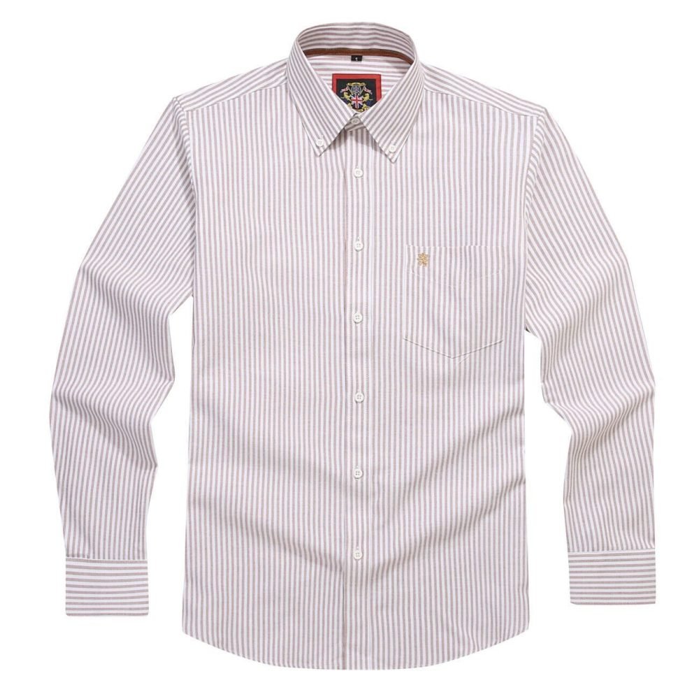 Sand - Mens Long Sleeve Stripe Oxford Shirt. The Kensington Button Down Collar & Pocket. Authentic Oxford Fabric - Image 4
