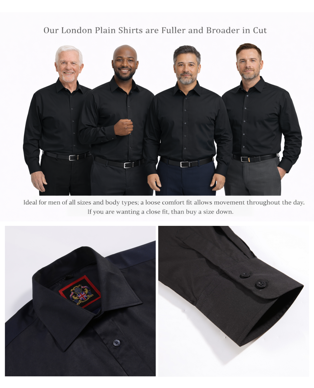 The London Plain Mens Shirt, Regular Fit, Classic Formal Dress Wear, Single & Double Cuff Option, Black - Image 4