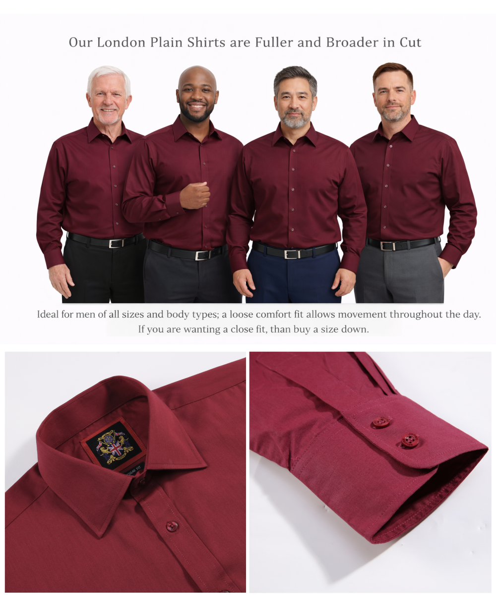 The London Plain Mens Shirt, Regular Fit, Classic Formal Dress Wear, Single & Double Cuff Option, Burgundy - Image 7