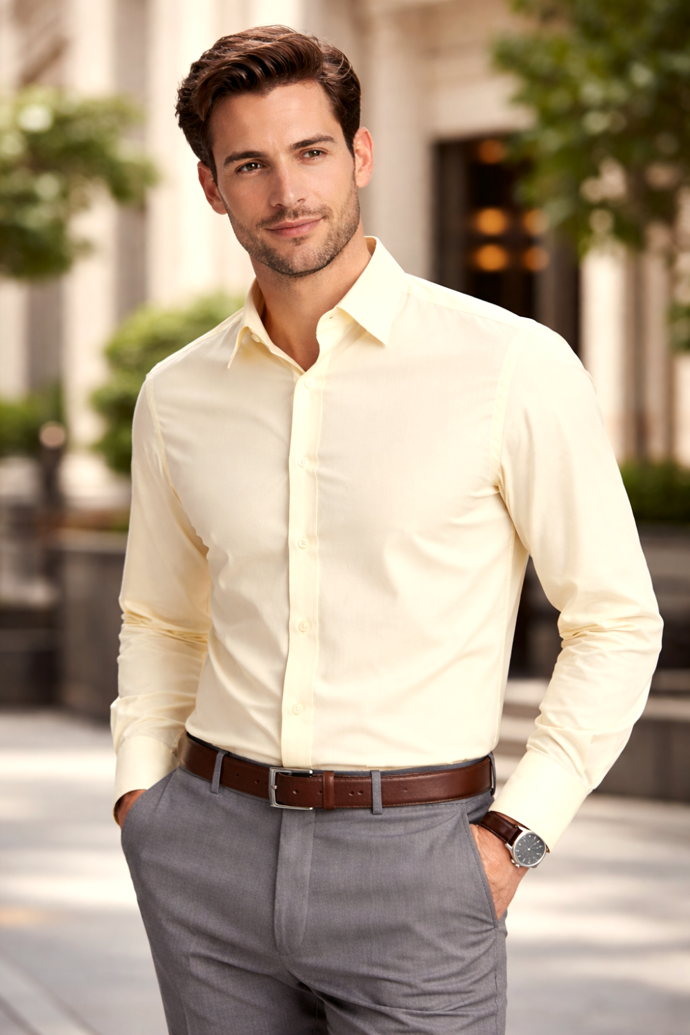 The London Plain Mens Shirt, Regular Fit, Classic Formal Dress Wear, Single & Double Cuff Option, Fresh Primrose Lemon - Image 2