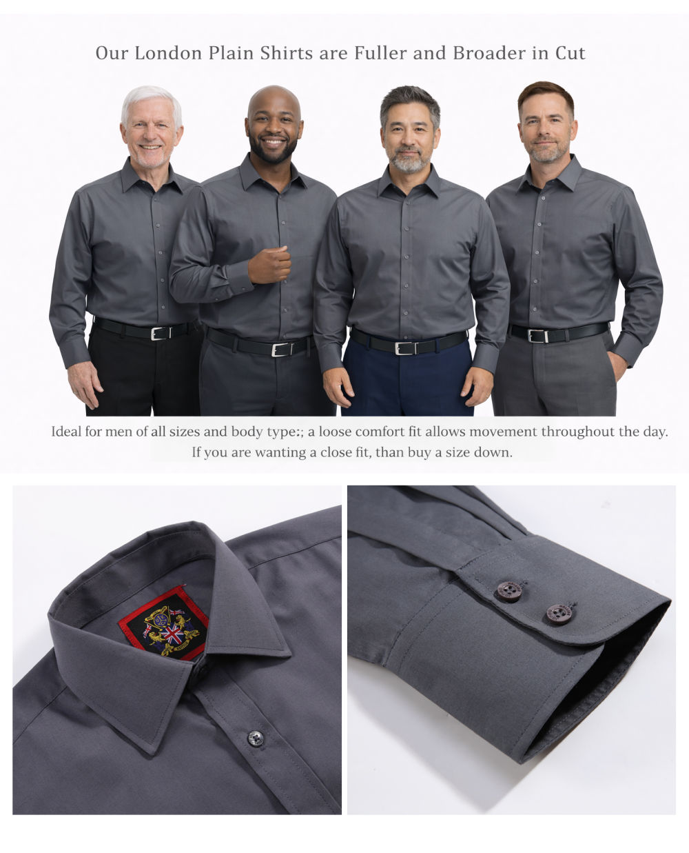The London Plain Mens Shirt, Regular Fit, Classic Formal Dress Wear, Single & Double Cuff Option, Grey - Image 7