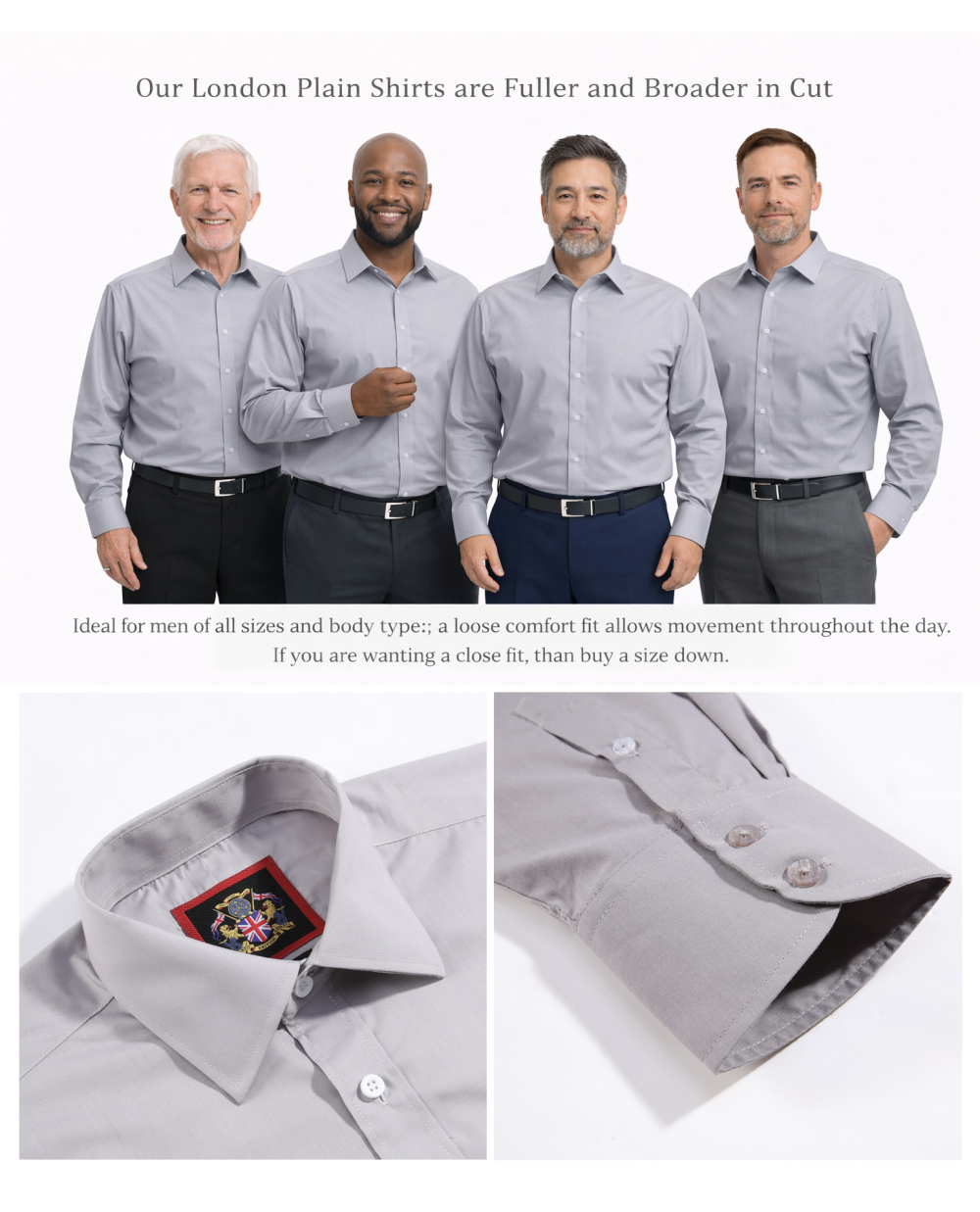 The London Plain Mens Shirt, Regular Fit, Classic Formal Dress Wear, Single & Double Cuff Option, Light Grey - Image 8