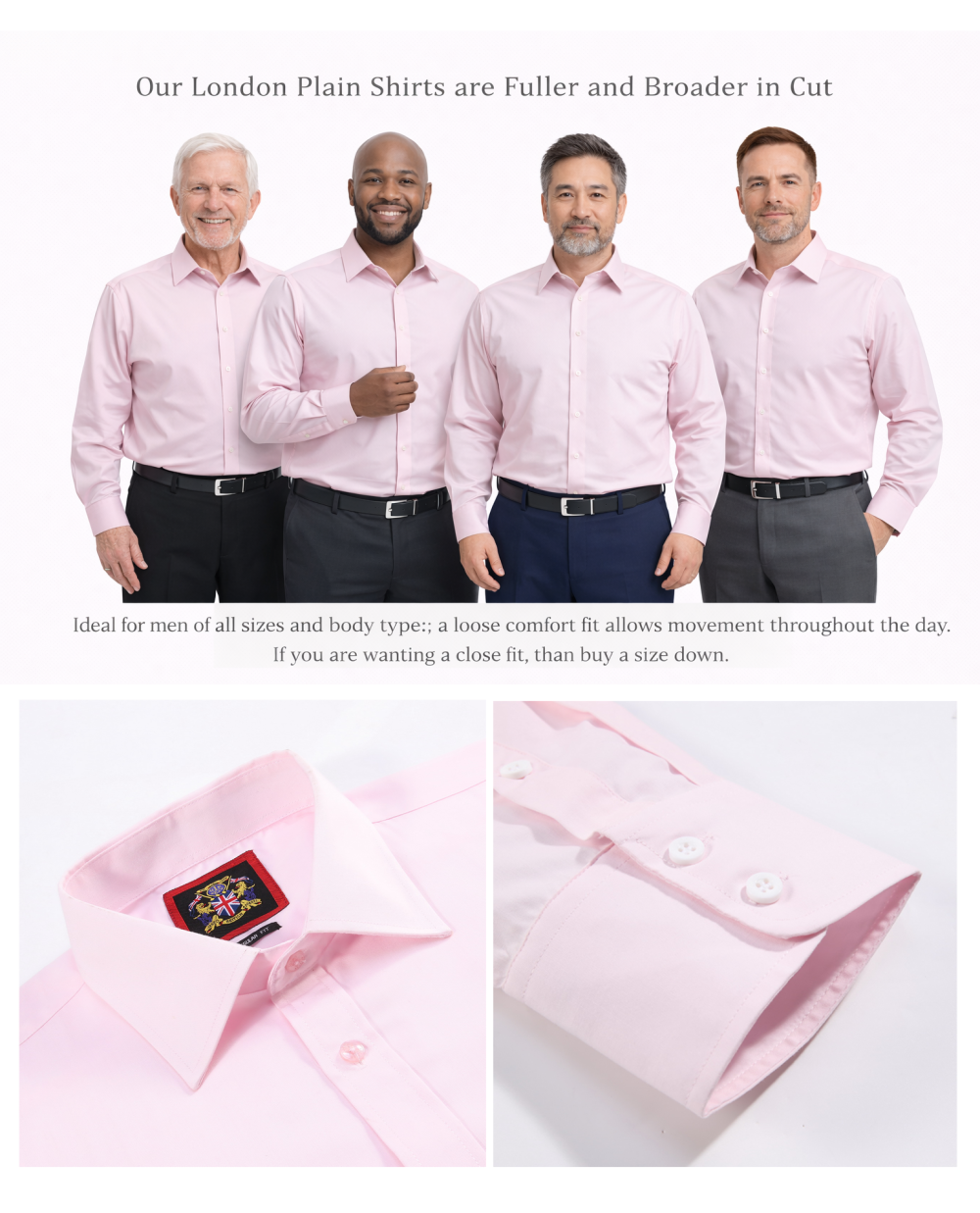 The London Plain Mens Shirt, Regular Fit, Classic Formal Dress Wear, Single & Double Cuff Option, Pink - Image 7