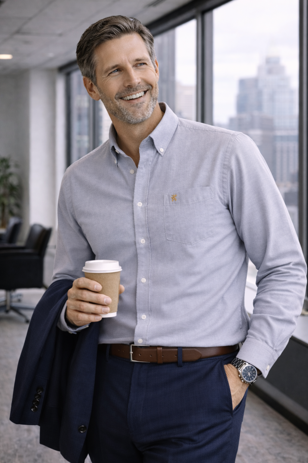 Mens English Oxford Shirt Button Down. Casual Office Work Weekender by Janeo British Apparel. Cool Grey - Image 3