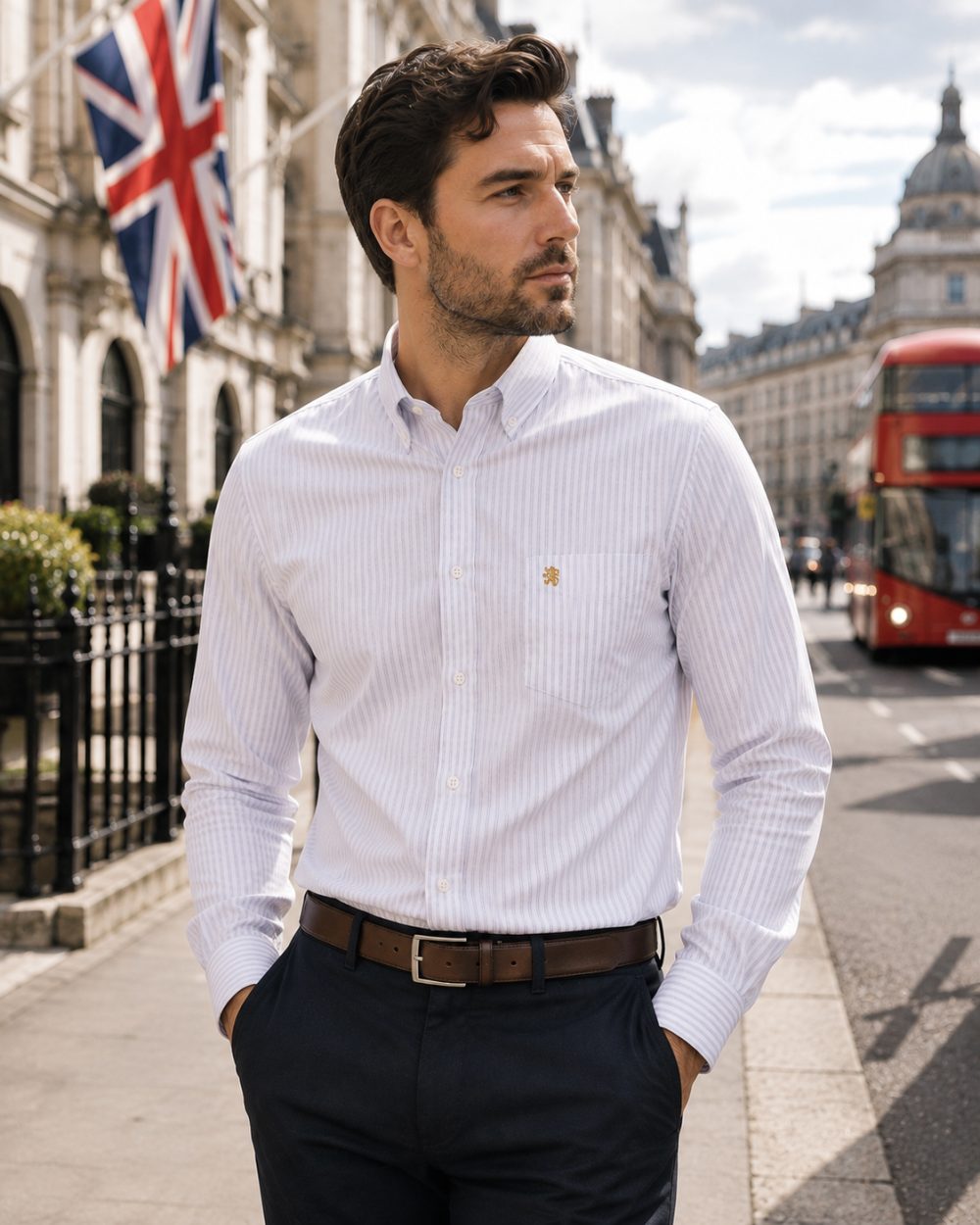 Cool Grey - Mens Long Sleeve Stripe Oxford Shirt. The Kensington Button Down Collar & Pocket. Authentic Oxford Fabric - Image 1