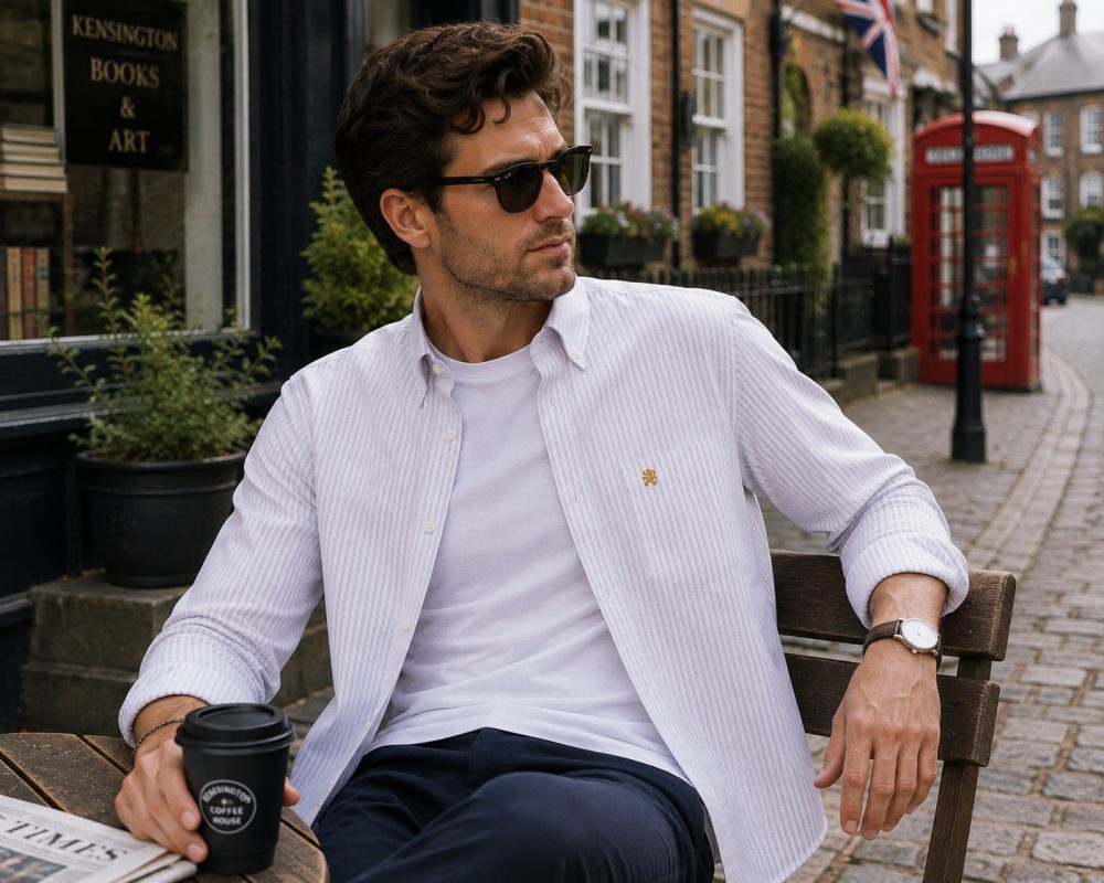 Cool Grey - Mens Long Sleeve Stripe Oxford Shirt. The Kensington Button Down Collar & Pocket. Authentic Oxford Fabric - Image 3