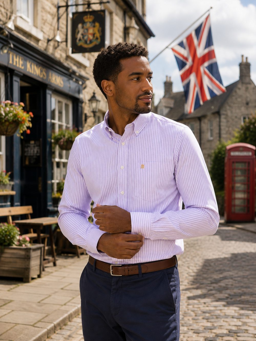 Calm Me Lavender - Mens Long Sleeve Stripe Oxford Shirt. The Kensington Button Down Collar & Pocket. Authentic Oxford Fabric - Image 1