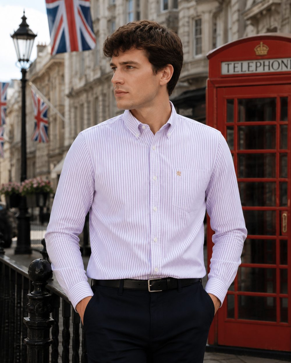Calm Me Lavender - Mens Long Sleeve Stripe Oxford Shirt. The Kensington Button Down Collar & Pocket. Authentic Oxford Fabric - Image 2