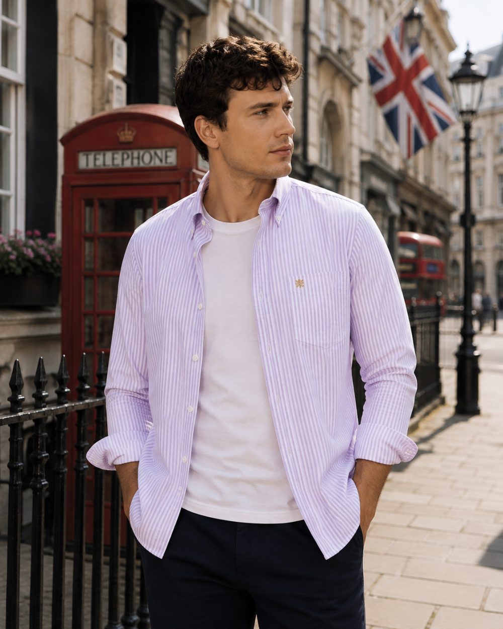 Calm Me Lavender - Mens Long Sleeve Stripe Oxford Shirt. The Kensington Button Down Collar & Pocket. Authentic Oxford Fabric - Image 3