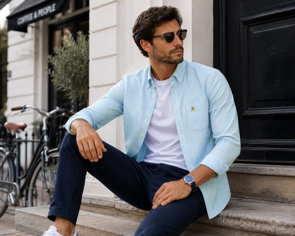 Paris Mint - Mens Long Sleeve Stripe Oxford Shirt. The Kensington Button Down Collar & Pocket. Authentic Oxford Fabric - Image 3