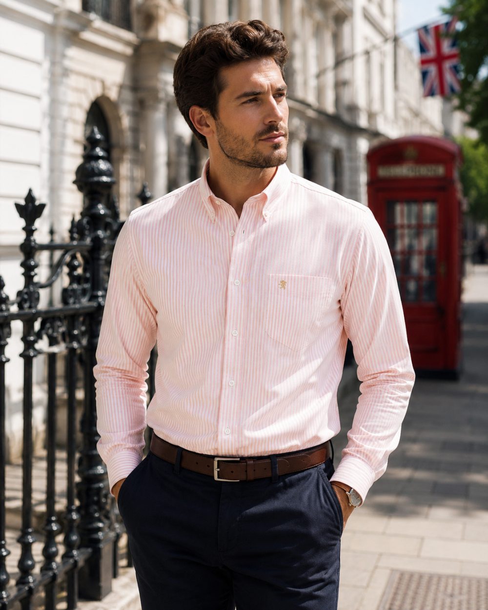 Somerset Peachy Peach - Mens Long Sleeve Stripe Oxford Shirt. The Kensington Button Down Collar & Pocket. Authentic Oxford Fabric - Image 2