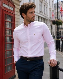 Tickle Me Pink - Mens Long Sleeve Stripe Oxford Shirt. The Kensington Button Down Collar & Pocket. Authentic Oxford Fabric