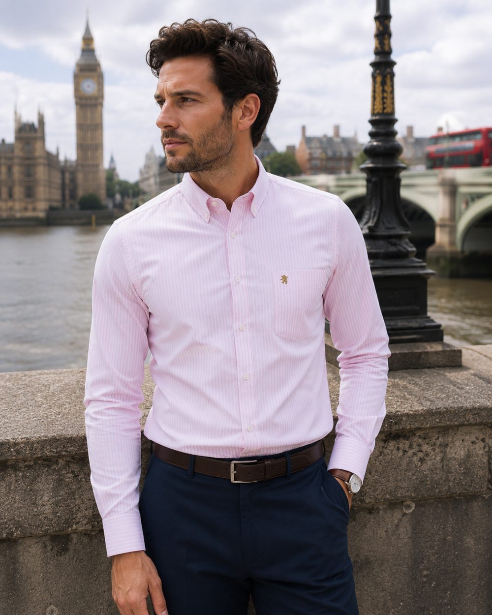 Tickle Me Pink - Mens Long Sleeve Stripe Oxford Shirt. The Kensington Button Down Collar & Pocket. Authentic Oxford Fabric - Image 2