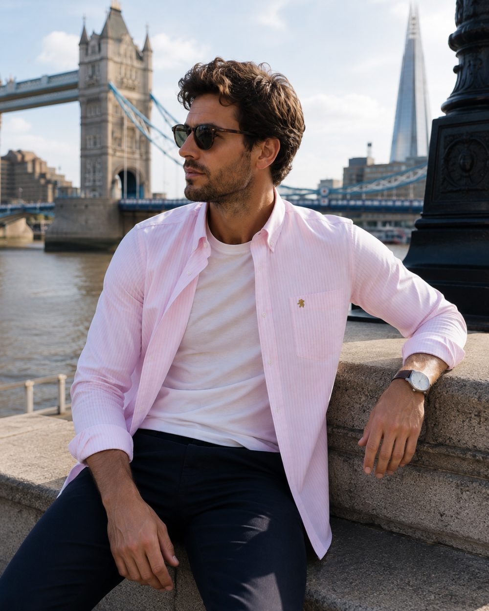 Tickle Me Pink - Mens Long Sleeve Stripe Oxford Shirt. The Kensington Button Down Collar & Pocket. Authentic Oxford Fabric - Image 3