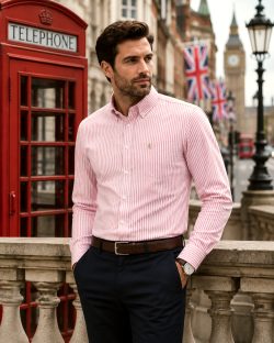 Crayo'ola Red - Mens Long Sleeve Stripe Oxford Shirt. The Kensington Button Down Collar & Pocket. Authentic Oxford Fabric