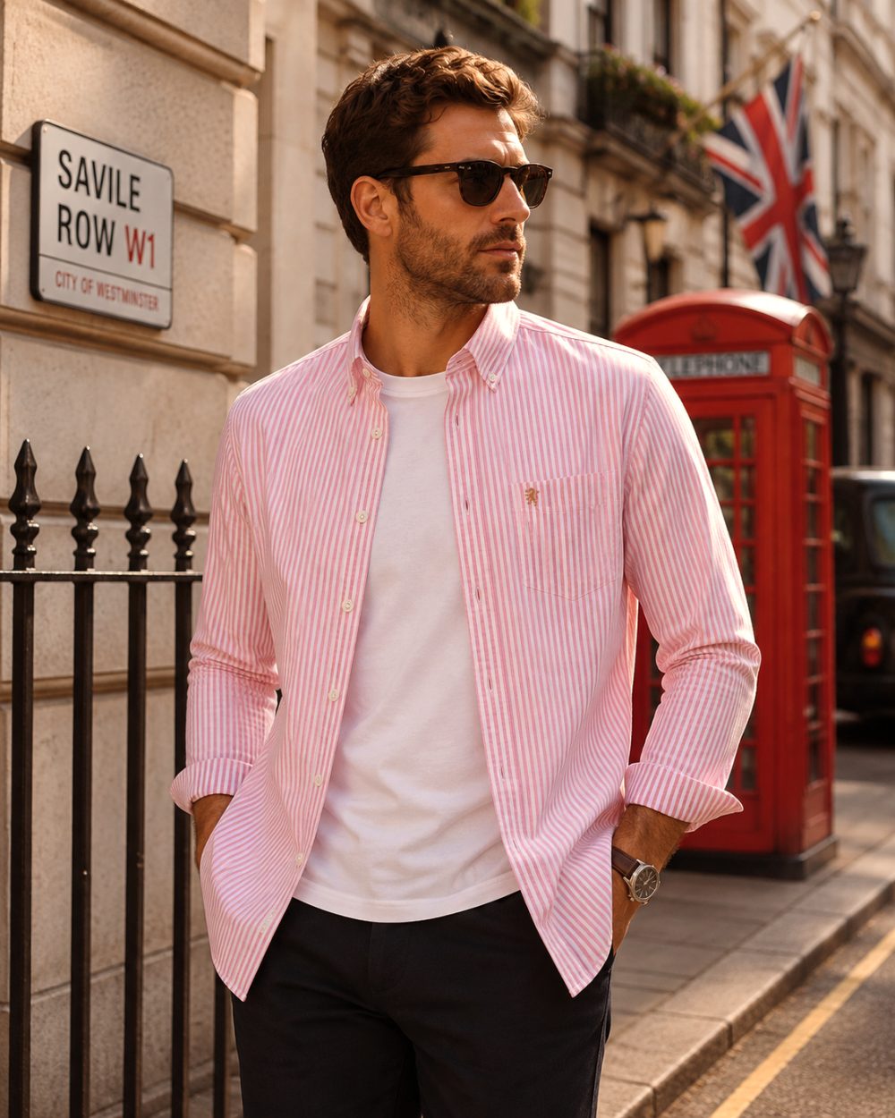 Crayo'ola Red - Mens Long Sleeve Stripe Oxford Shirt. The Kensington Button Down Collar & Pocket. Authentic Oxford Fabric - Image 3