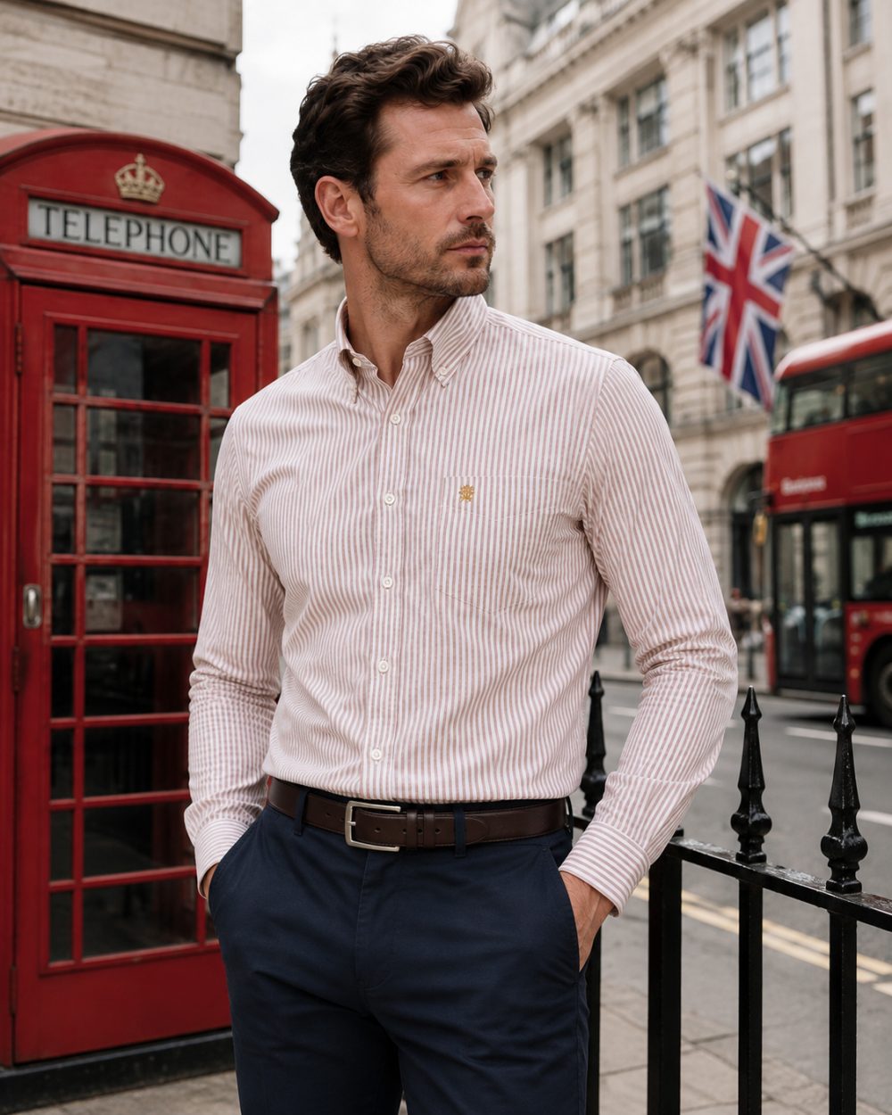 Sand - Mens Long Sleeve Stripe Oxford Shirt. The Kensington Button Down Collar & Pocket. Authentic Oxford Fabric - Image 1