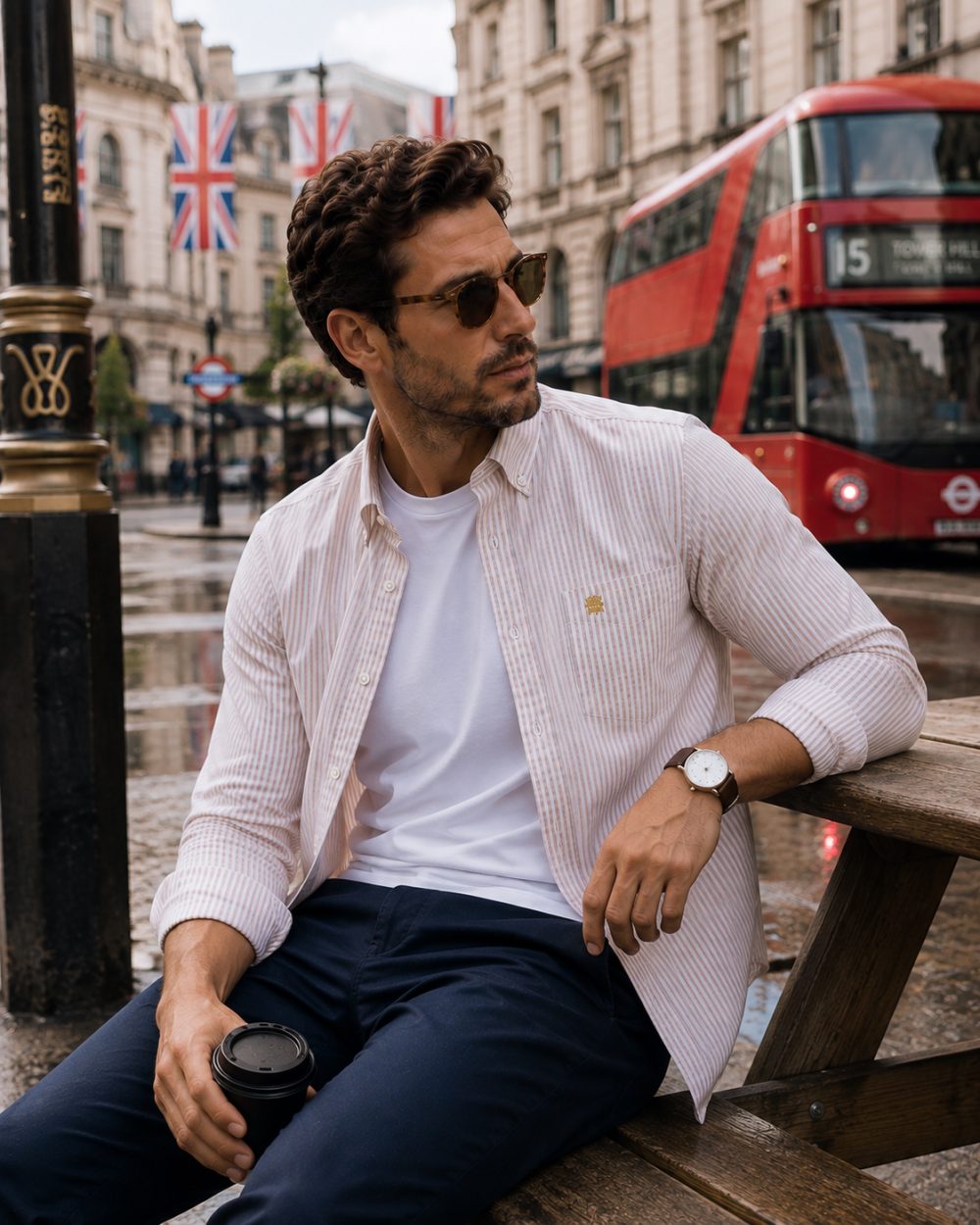 Sand - Mens Long Sleeve Stripe Oxford Shirt. The Kensington Button Down Collar & Pocket. Authentic Oxford Fabric - Image 3