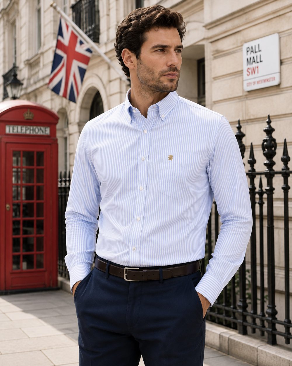 Jordy Sky Blue - Mens Long Sleeve Stripe Oxford Shirt. The Kensington Button Down Collar & Pocket. Authentic Oxford Fabric - Image 2