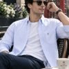 Jordy Sky Blue - Mens Long Sleeve Stripe Oxford Shirt. The Kensington Button Down Collar & Pocket. Authentic Oxford Fabric - Thumbnail Image 3
