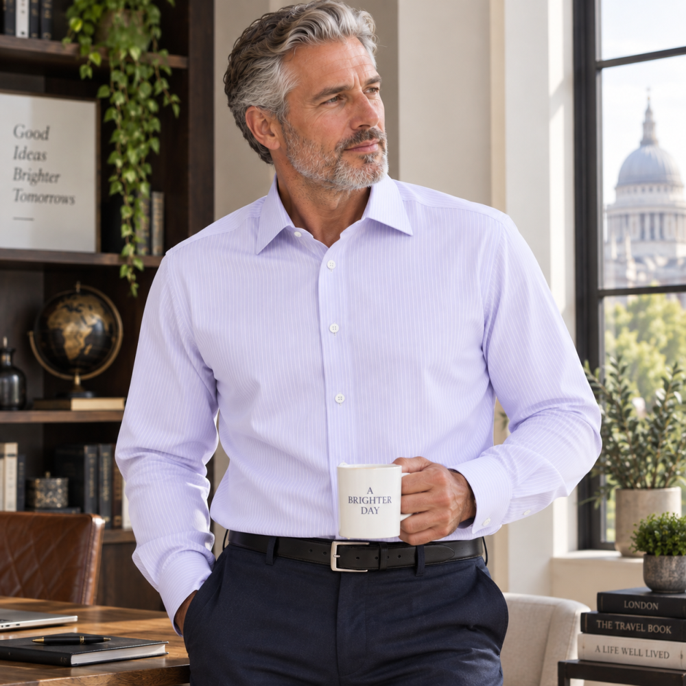 The Canterbury Self Stripe Mens Shirt, Business Formal Dress Office Wedding, Single & Double Cuff Option. Lavender. (Discontinued Style, Very Limited Stocks, On Sale Great Buy) - Image 3