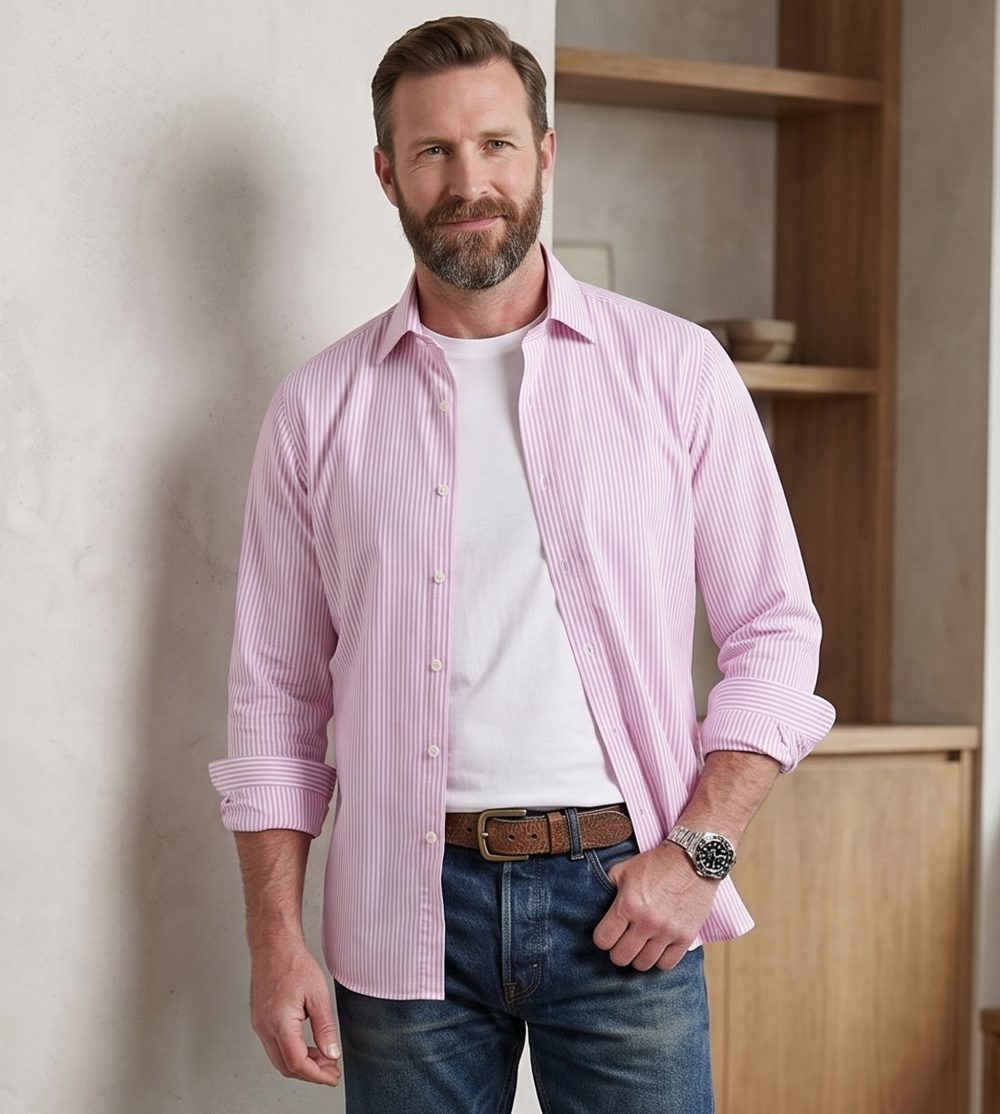 Windsor Fine Stripe Formal Shirt, Double & Single Cuff Long Sleeve, Traditional Tailoring, Casual, Special Occasion. Pink - Image 3