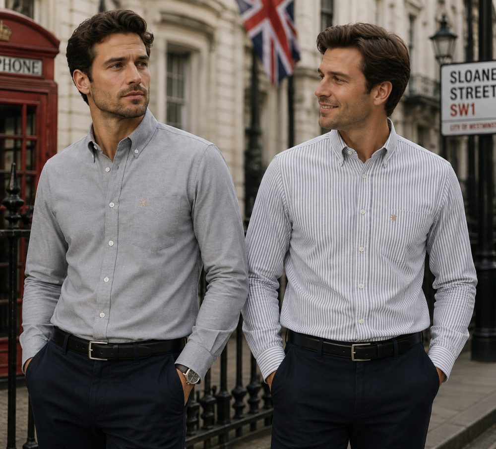Twin Pack of Plain & Strips Shirts, The English Oxford Mens Long Sleeve Shirt, Button Down Collar & Pocket. Cool Grey - Image 2