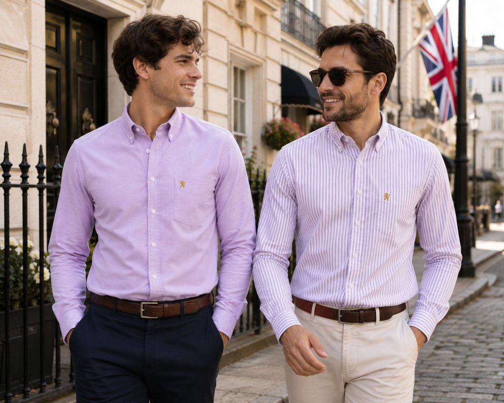 Twin Pack of Plain & Strips Shirts, The English Oxford Mens Long Sleeve Shirt, Button Down Collar & Pocket. Calm Me Lavender - Image 1
