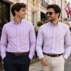 Twin Pack of Plain & Strips Shirts, The English Oxford Mens Long Sleeve Shirt, Button Down Collar & Pocket. Calm Me Lavender - Thumbnail Image 1