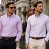 Twin Pack of Plain & Strips Shirts, The English Oxford Mens Long Sleeve Shirt, Button Down Collar & Pocket. Calm Me Lavender - Thumbnail Image 2