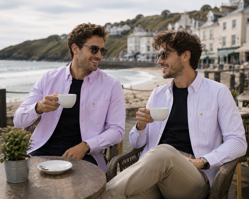 Twin Pack of Plain & Strips Shirts, The English Oxford Mens Long Sleeve Shirt, Button Down Collar & Pocket. Calm Me Lavender - Image 3