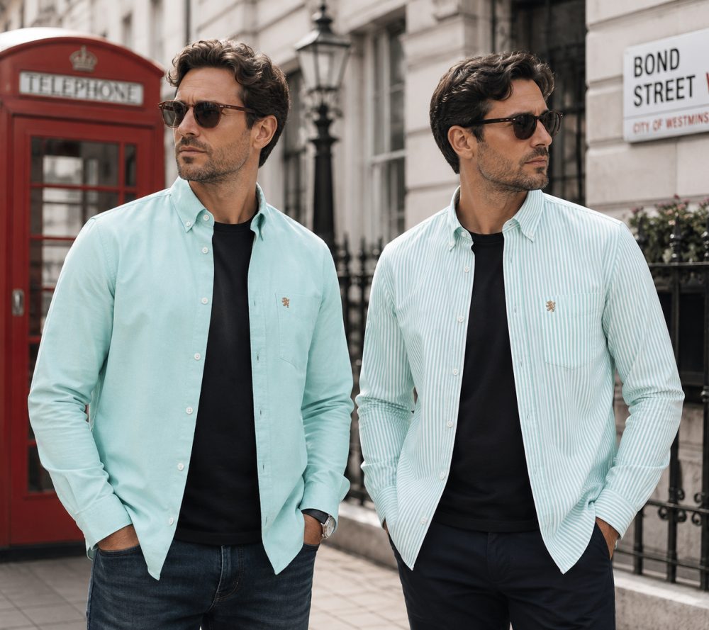 Twin Pack of Plain & Strips Shirts, The English Oxford Mens Long Sleeve Shirt, Button Down Collar & Pocket. Paris Mint - Image 1