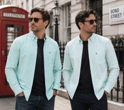 Twin Pack of Plain & Strips Shirts, The English Oxford Mens Long Sleeve Shirt, Button Down Collar & Pocket. Paris Mint