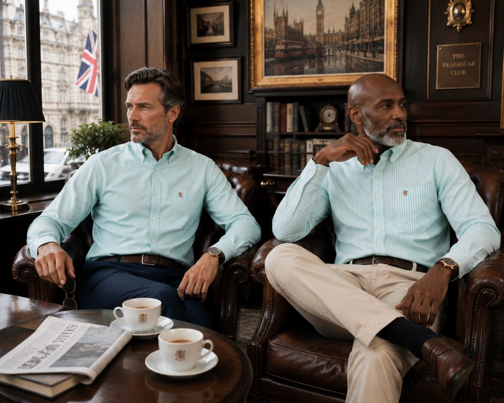 Twin Pack of Plain & Strips Shirts, The English Oxford Mens Long Sleeve Shirt, Button Down Collar & Pocket. Paris Mint - Image 2