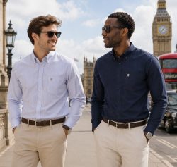 Twin Pack of Plain & Strips Shirts, The English Oxford Mens Long Sleeve Shirt, Button Down Collar & Pocket. Navy